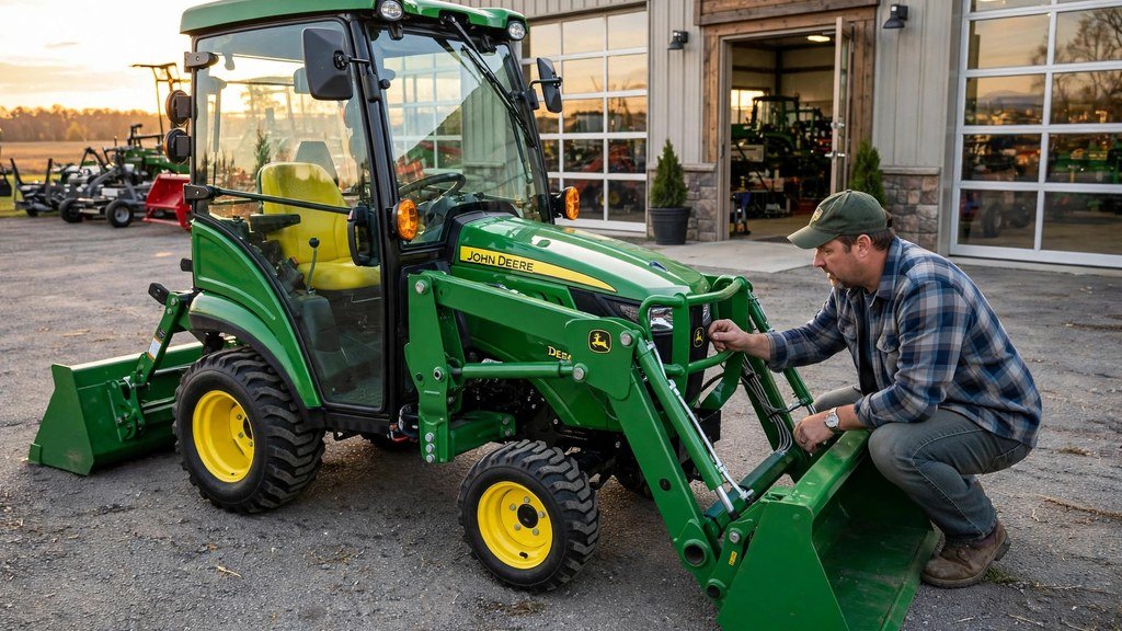 Buyer inspecting a used John Deere 3046R at a dealership