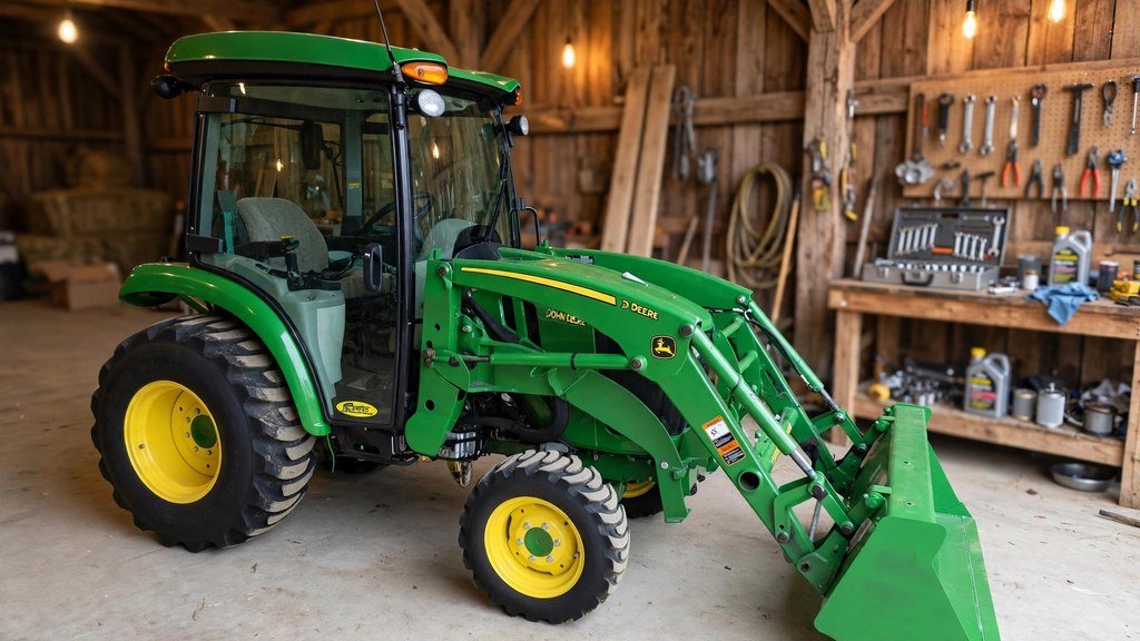 John Deere 3046R with cab parked in a barn after scheduled maintenance