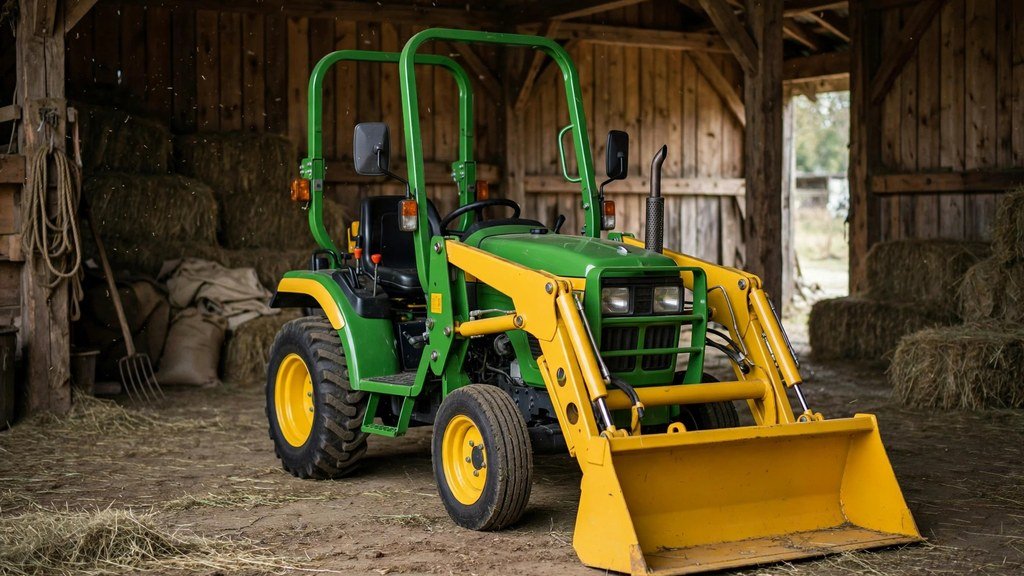 John Deere 3046R compact tractor stored securely inside a wooden barn