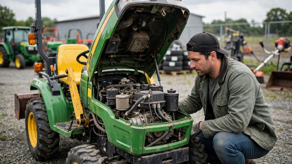 Buyer inspecting a used John Deere 3046R with the hood open on a dealer lot