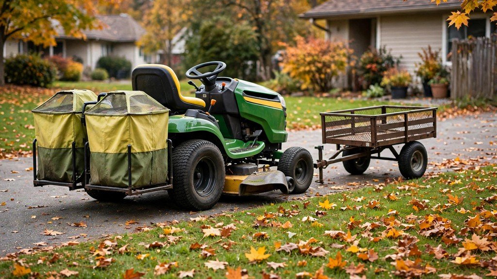 John Deere 100 Series lawn tractor with twin-bag collector and tow cart - Vehicle Review Hub