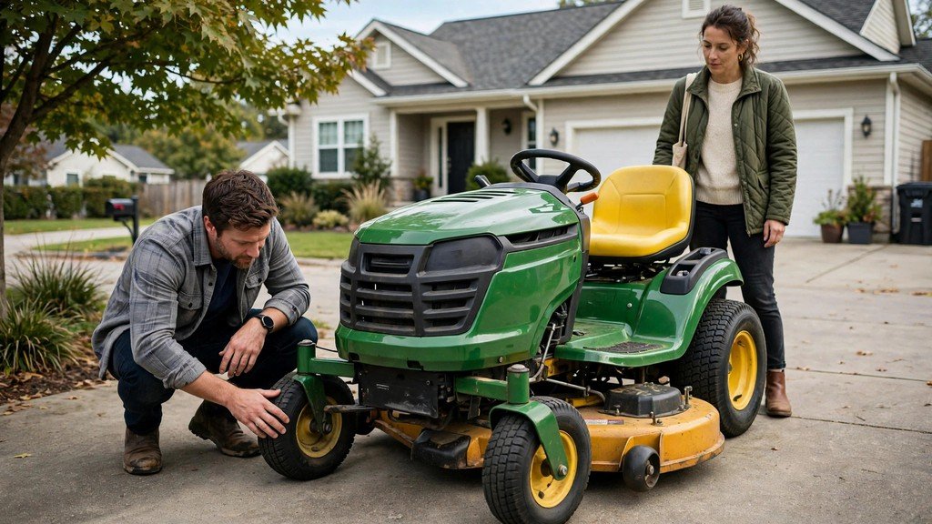 Buyer inspecting a used John Deere 100 Series lawn tractor - Vehicle Review Hub
