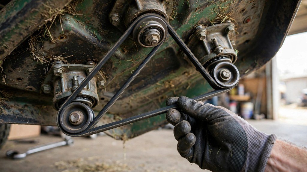 Close-up of a mower deck belt, pulleys and spindle housings being inspected - Vehicle Review Hub