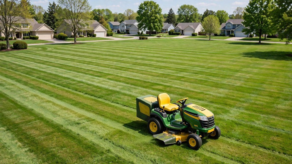 A John Deere 100 Series lawn tractor mowing a large striped suburban lawn - Vehicle Review Hub