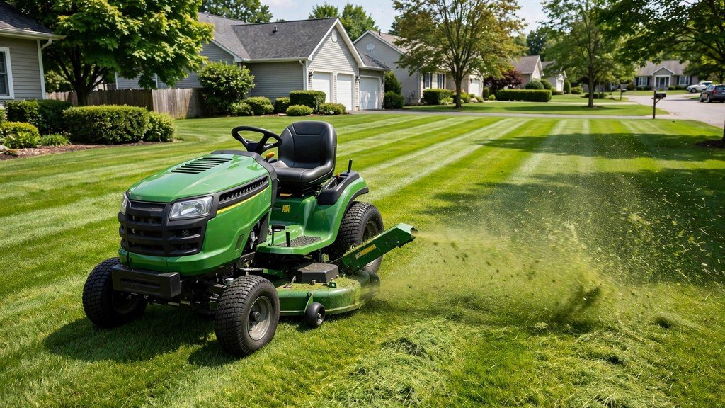 John Deere 100 Series performance mowing a striped suburban lawn - Vehicle Review Hub