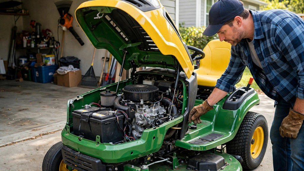 An owner inspecting the battery and engine of a John Deere 100 Series lawn tractor with the hood open - Vehicle Review Hub