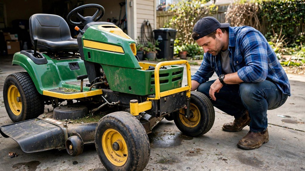 A buyer inspecting the tires and deck of a used John Deere 100 Series lawn tractor - Vehicle Review Hub