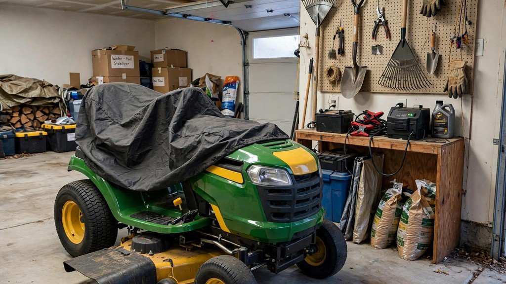 John Deere 100 Series lawn tractor stored in a garage for winter - Vehicle Review Hub