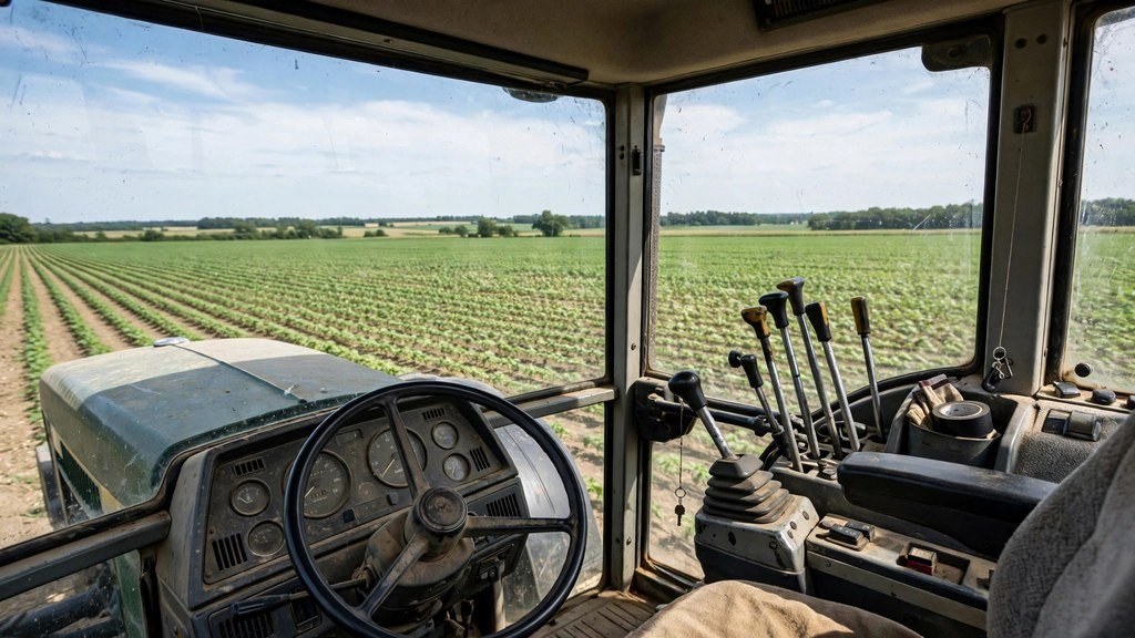 Inside the cab of a row-crop tractor showing the steering wheel and hydraulic control levers - Vehicle Review Hub