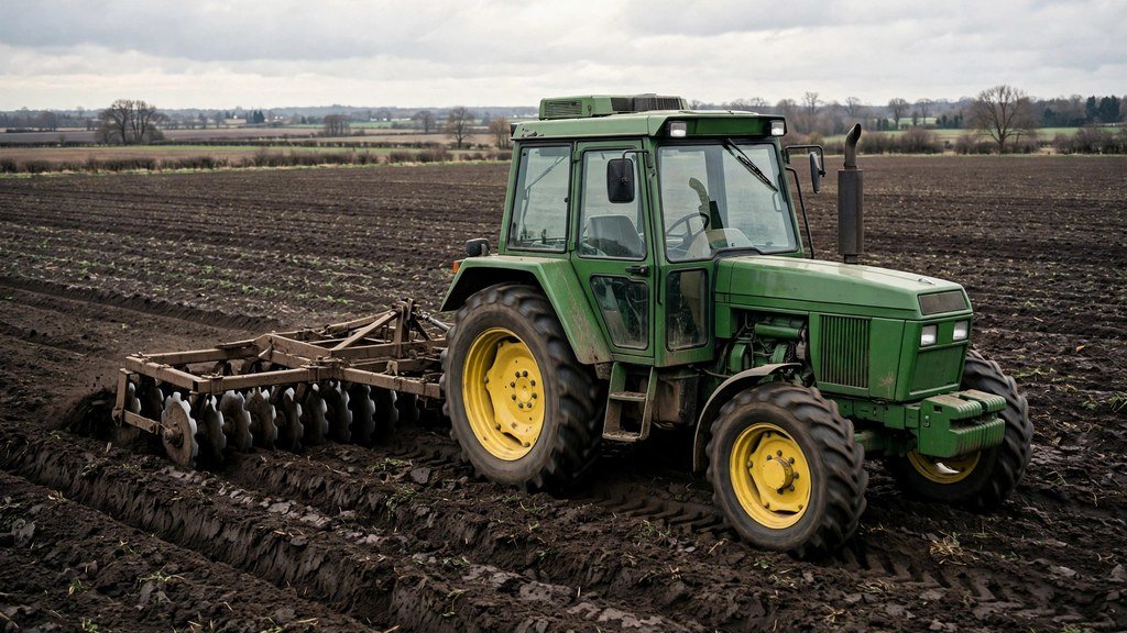 John Deere 4055 row-crop tractor pulling a disc harrow through dark soil - Vehicle Review Hub
