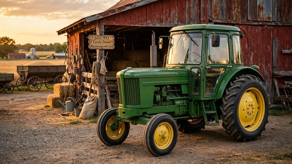 Classic green row-crop tractor with enclosed cab parked beside a barn at golden hour - Vehicle Review Hub
