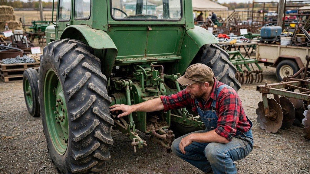 Buyer inspecting a used John Deere 4055 tractor tire and hitch - Vehicle Review Hub