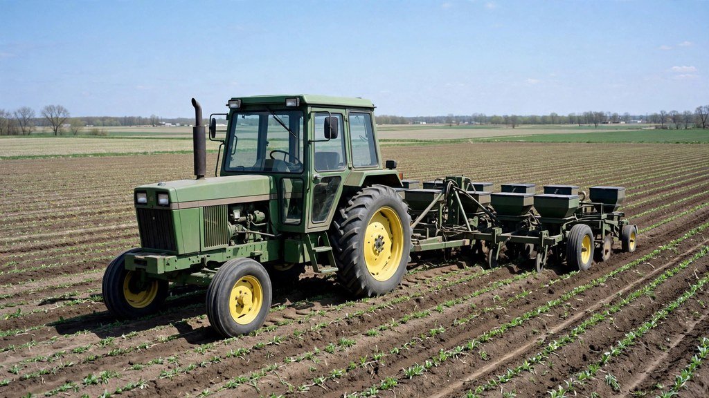 Row-crop tractor with enclosed cab pulling a planter across a spring field - Vehicle Review Hub
