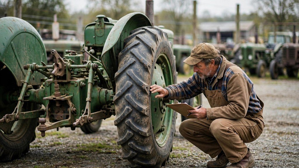 Buyer inspecting a used John Deere 4055 tractor tire and hitch - Vehicle Review Hub