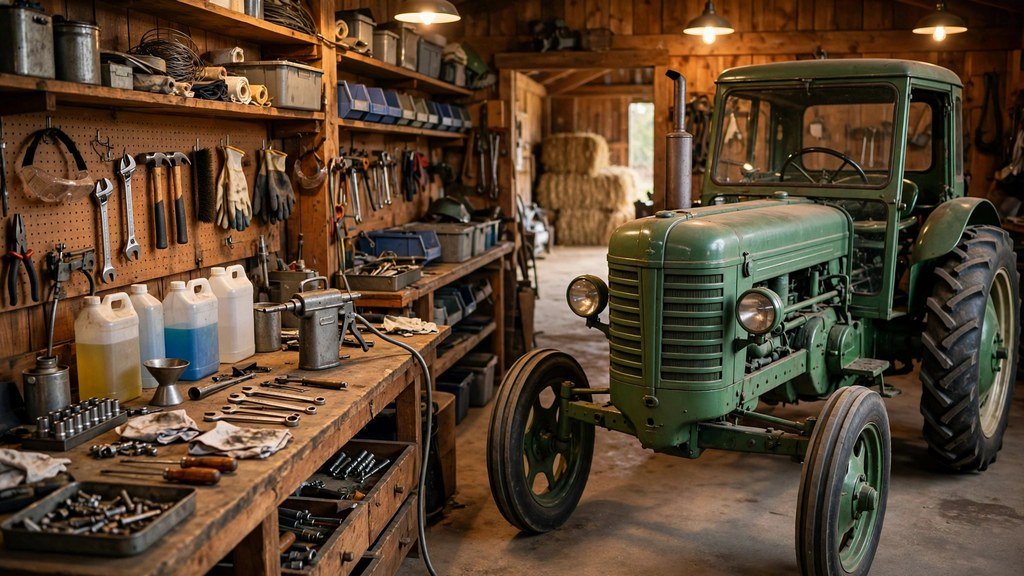 John Deere 4055 tractor in a farm workshop for seasonal service - Vehicle Review Hub