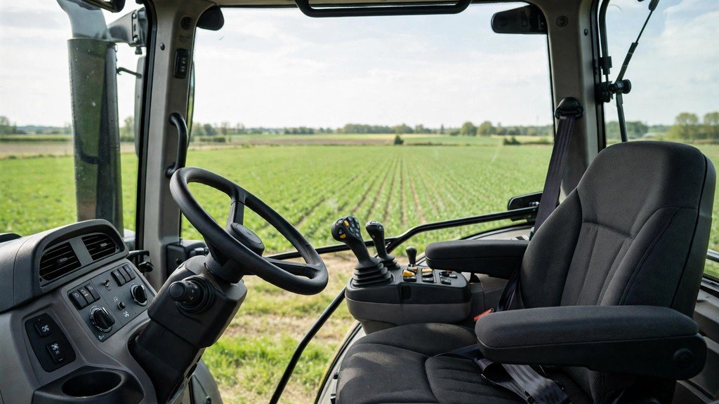 John Deere 5085M tractor cab interior with operator controls and field view - Vehicle Review Hub