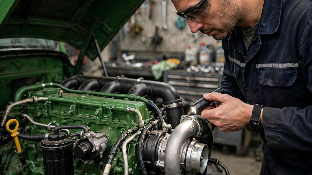 John Deere 5085M turbo diesel engine inspection in a workshop - Vehicle Review Hub