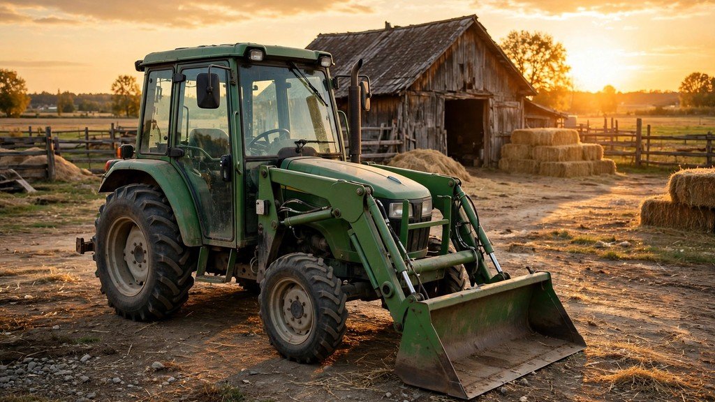 John Deere 5085M utility tractor parked in a farmyard at sunset - Vehicle Review Hub