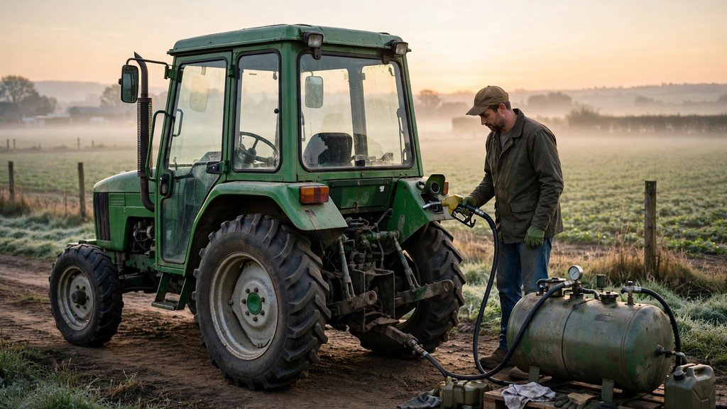 John Deere 5085M utility tractor refueling at the edge of a field - Vehicle Review Hub