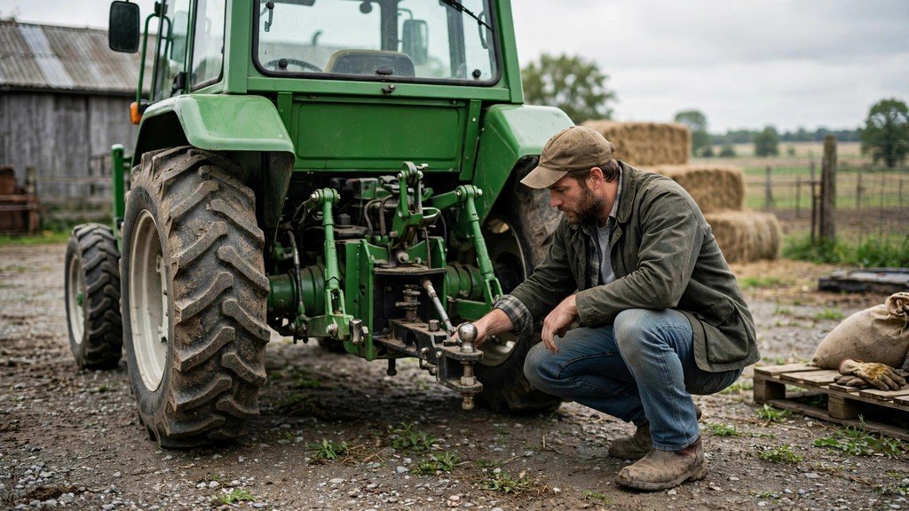 Buyer inspecting a used John Deere 5085M tractor tire and hitch - Vehicle Review Hub