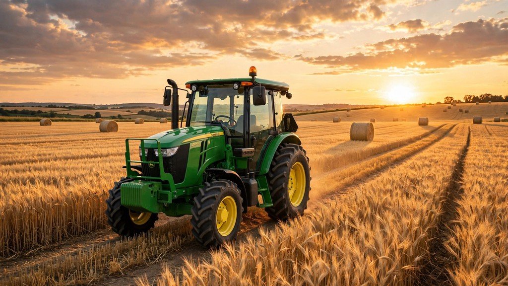 John Deere 5085M utility tractor working a field at sunset - Vehicle Review Hub