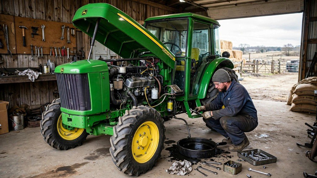 John Deere 5085M utility tractor engine service in a farm workshop - Vehicle Review Hub