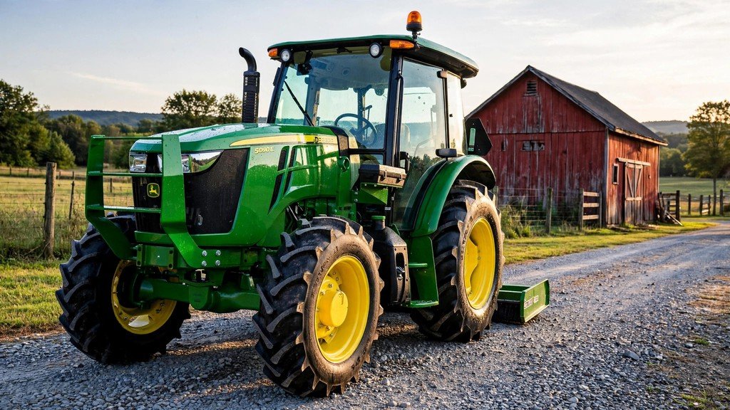 Clean John Deere 5085M utility tractor parked on a farm driveway for resale - Vehicle Review Hub