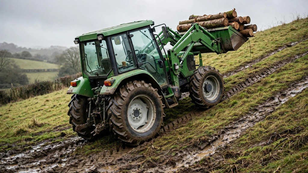 John Deere 5085M four-wheel-drive tractor with loader working on a grassy slope - Vehicle Review Hub