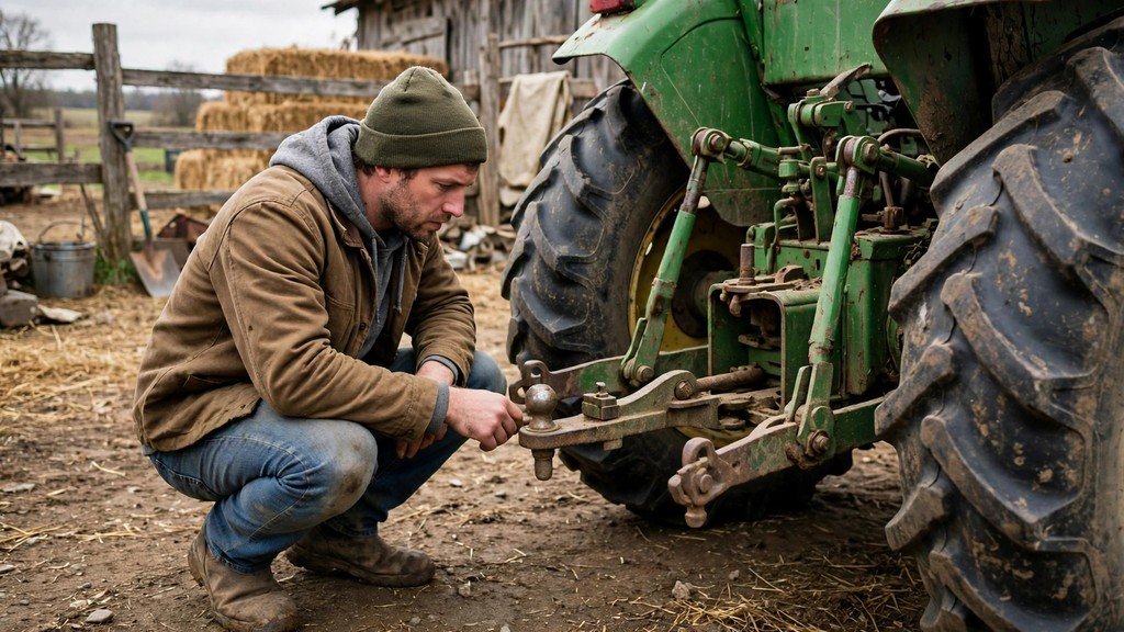 Buyer inspecting a used John Deere 5085M tractor tire and hitch - Vehicle Review Hub