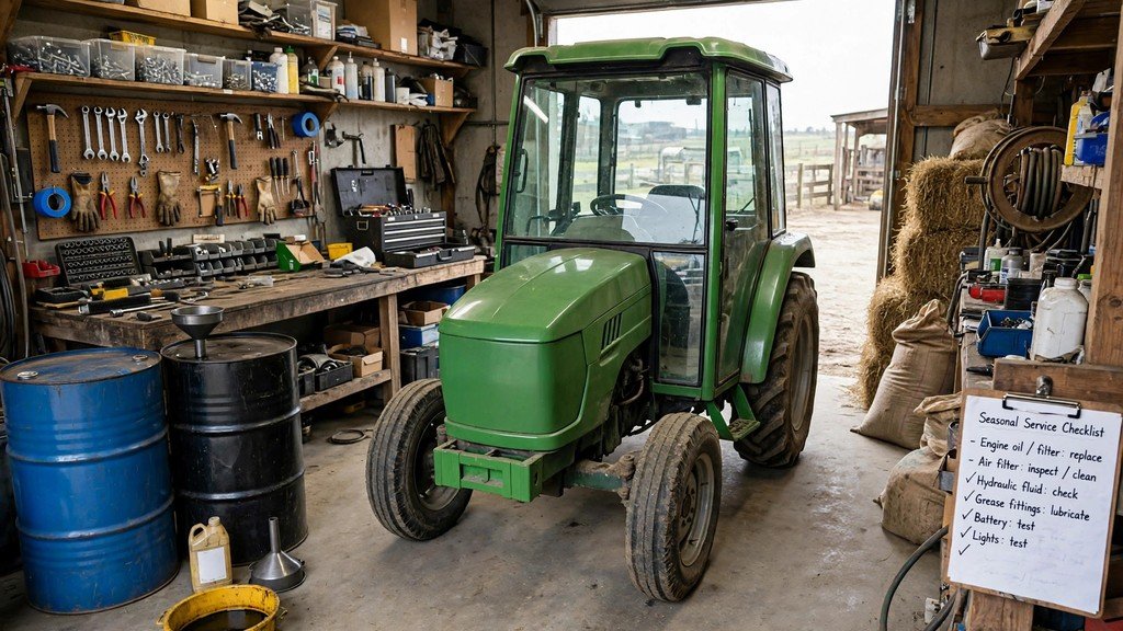 John Deere 5085M tractor in a farm workshop for seasonal service - Vehicle Review Hub