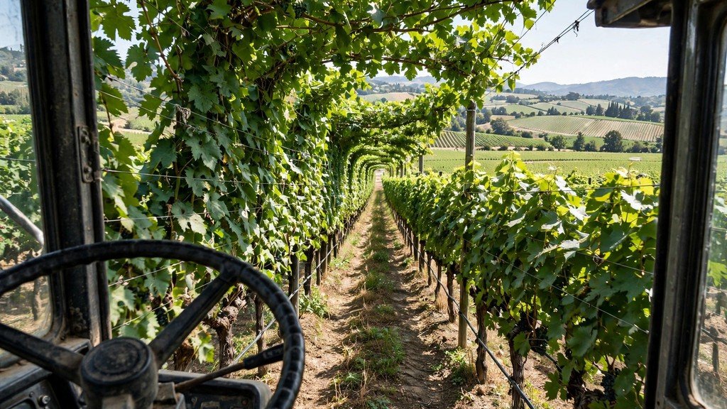 John Deere 5GV Series cab view between vineyard rows - Vehicle Review Hub