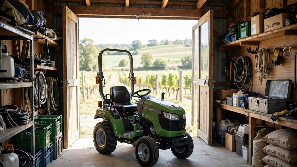 John Deere 5GV Series tractor stored inside a farm shed - Vehicle Review Hub