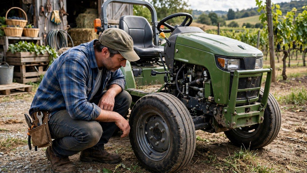 Buyer inspecting a used John Deere 5GV Series tractor tire - Vehicle Review Hub