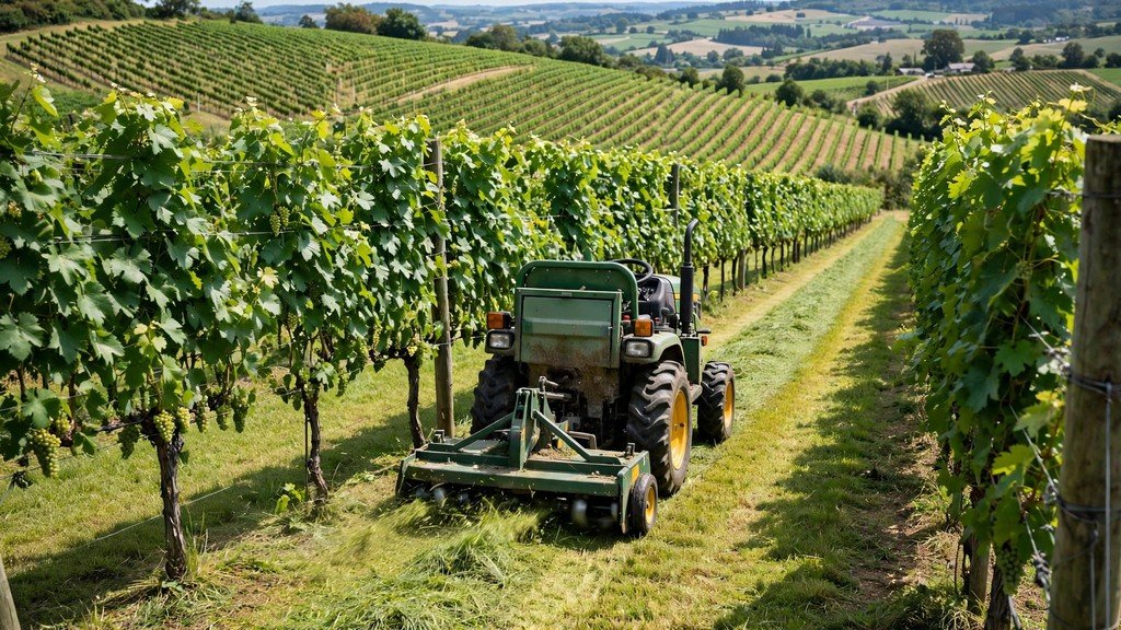 John Deere 5GV Series mowing between vineyard rows - Vehicle Review Hub