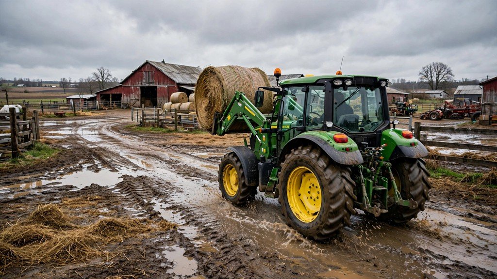 John Deere 6140M loader carrying a round bale - Vehicle Review Hub