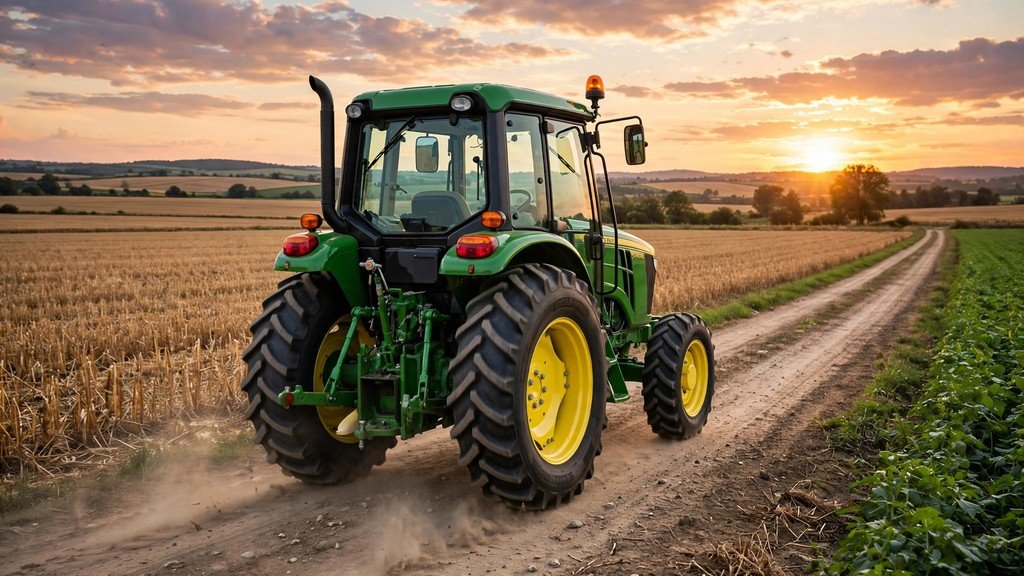 John Deere 6140M utility tractor working a field at sunset - Vehicle Review Hub