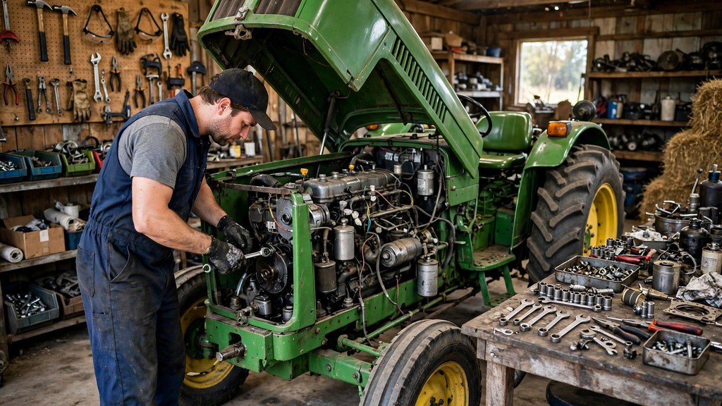 John Deere 6140M utility tractor engine service in a farm workshop - Vehicle Review Hub