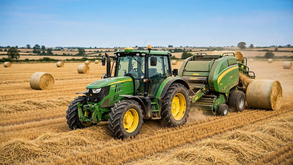 John Deere 6140M round baling hay in the field - Vehicle Review Hub