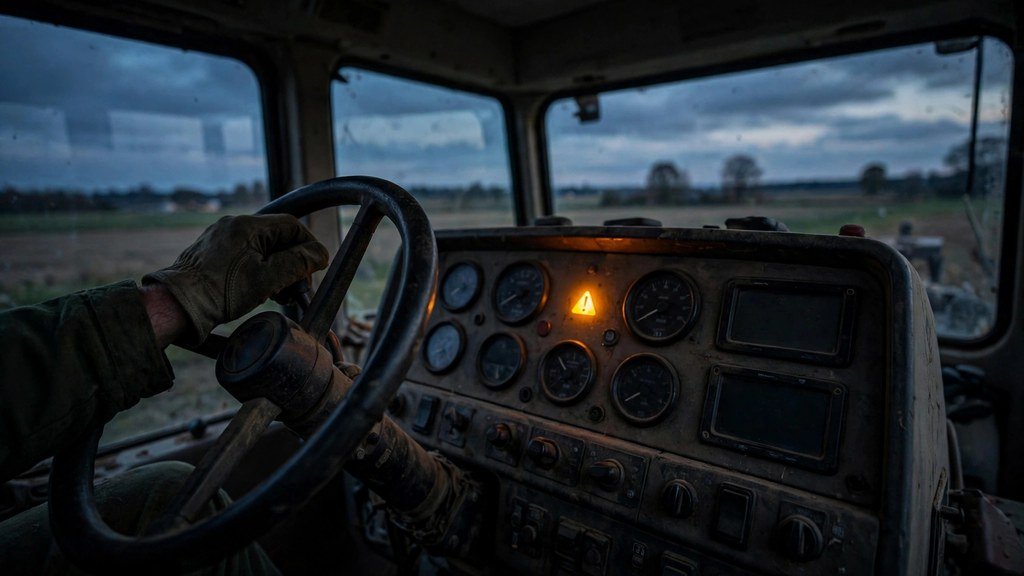 John Deere 6400 cab dashboard with amber warning light glowing at dusk - Vehicle Review Hub
