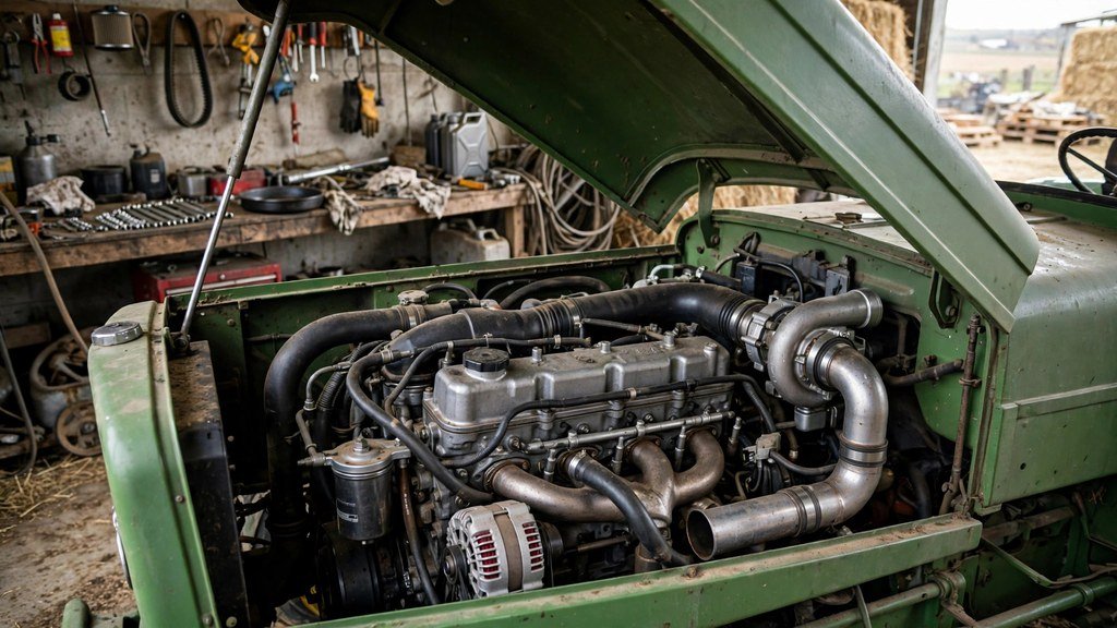 John Deere 6400 CD4045 diesel engine bay with hood open in a workshop - Vehicle Review Hub