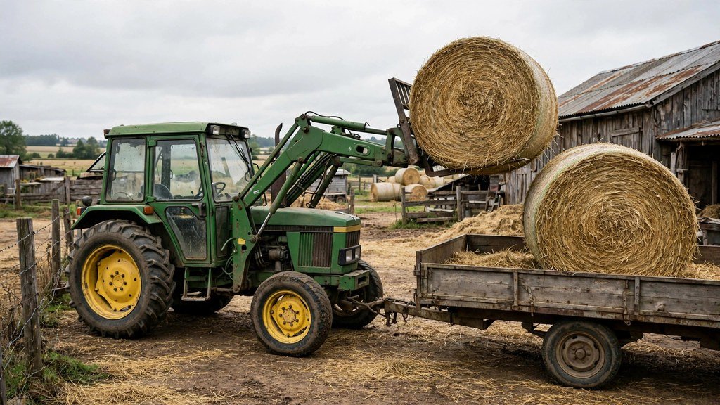 John Deere 6400 loader carrying a round bale - Vehicle Review Hub