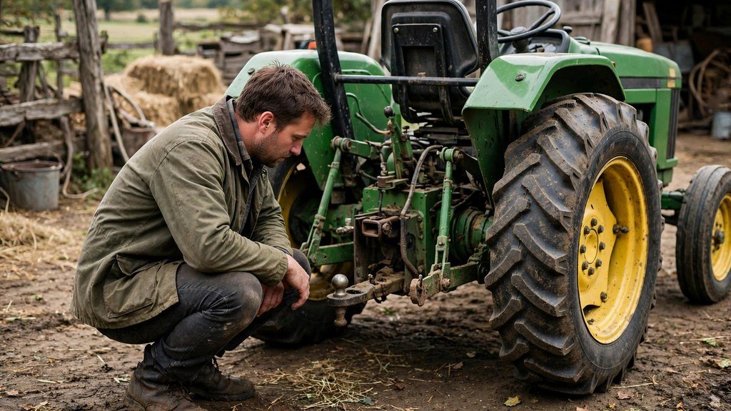 Buyer inspecting a used John Deere 6400 tractor tire and hitch - Vehicle Review Hub