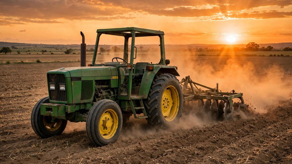 John Deere 6400 utility tractor working a field at sunset - Vehicle Review Hub