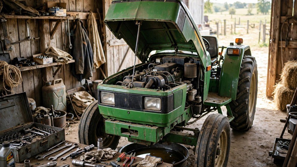 John Deere 6400 utility tractor engine service in a farm workshop - Vehicle Review Hub