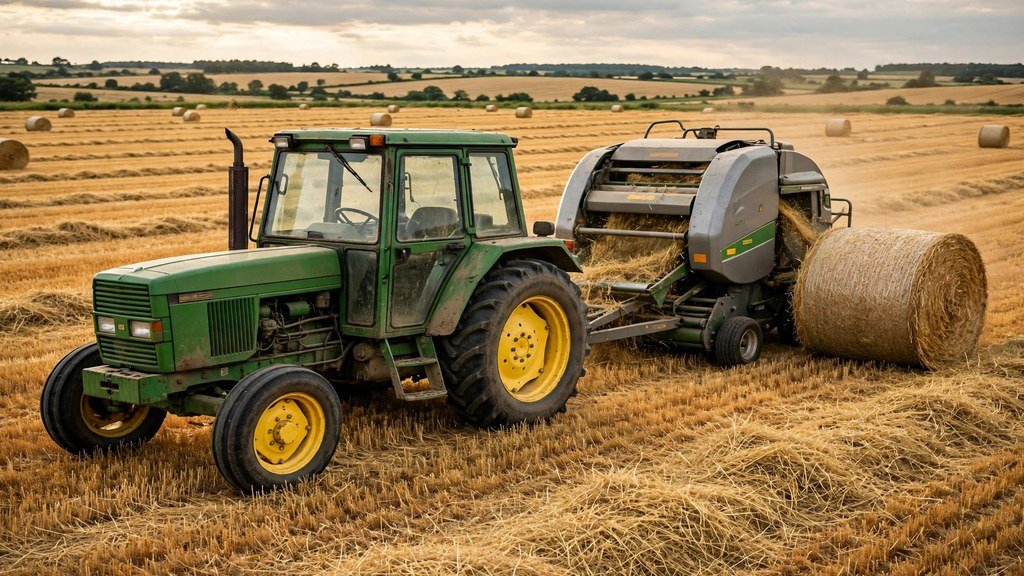 John Deere 6400 round baling hay in the field - Vehicle Review Hub
