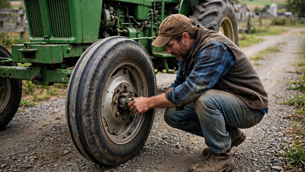 Buyer inspecting a used John Deere 6400 tractor front wheel hub on a farm driveway - Vehicle Review Hub