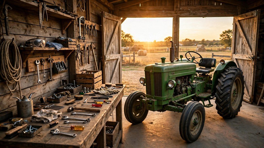 John Deere 6400 tractor parked in a farm workshop at sunset - Vehicle Review Hub