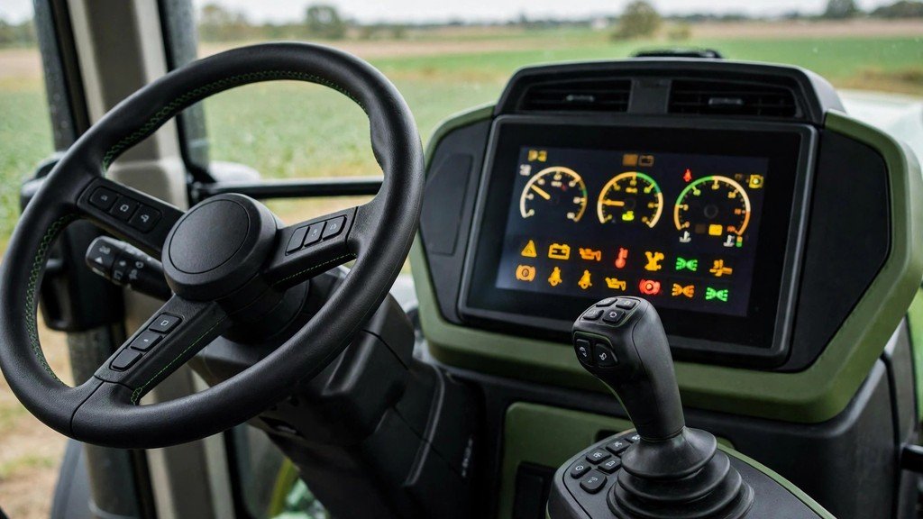 John Deere 8RT 410 cab display with diagnostic information - Vehicle Review Hub