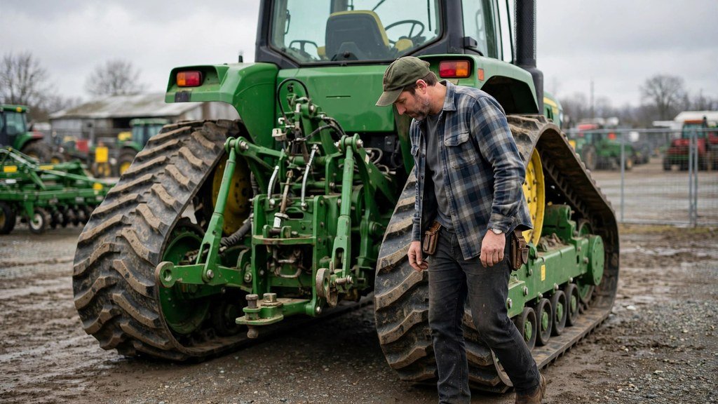 Buyer inspecting a used John Deere 8RT 410 tractor at a dealer lot - Vehicle Review Hub
