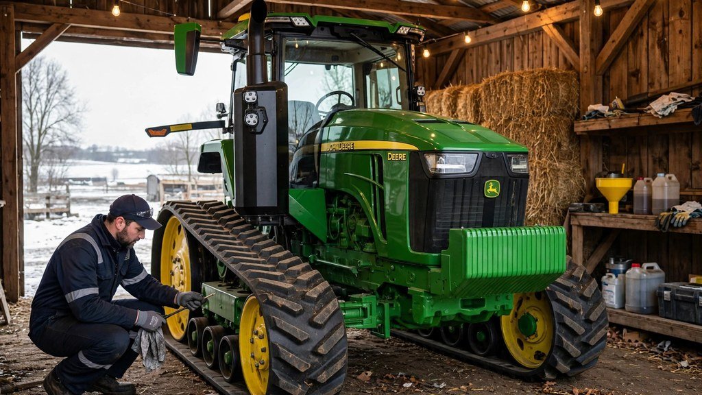 John Deere 8RT 410 tractor in a farm shed for service - Vehicle Review Hub